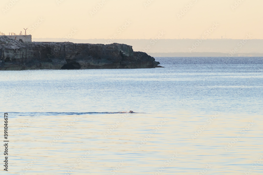 Morning swim at Cala Azzurra, Favignana, Italy. Nice warm sunrise colors in a summer day