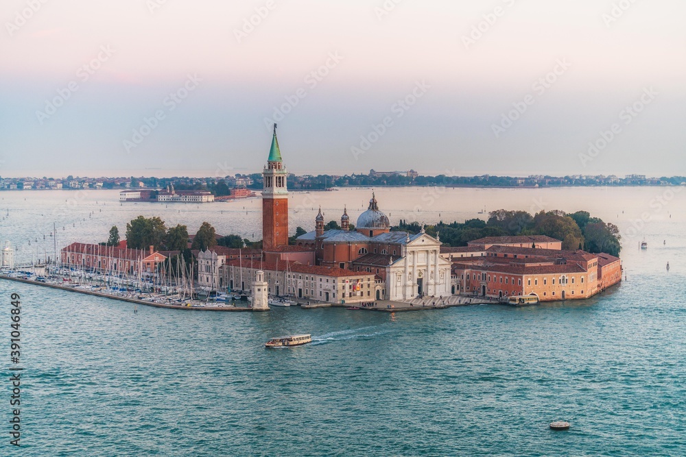 Aerial view of San Giorgio Maggiore church island, Sunset over the grand canal, Venice Italy