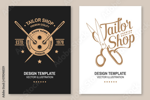 Set of tailor shop covers, invitations, posters, banners, flyers, placards. Vector illustration Template design for branding, advertising for sewing shop business
