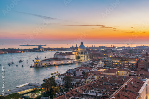 Aerial view of Venice city rooftops, Sunset over St Mark's square, Venice Italy © Sen