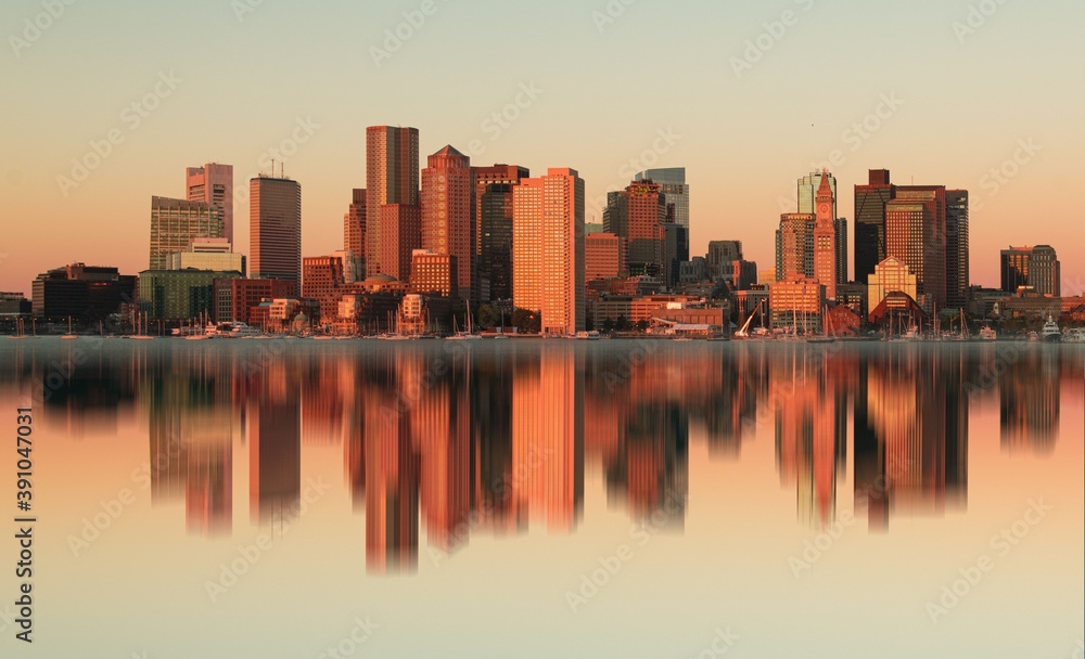 Boston skyline sunrise with reflection