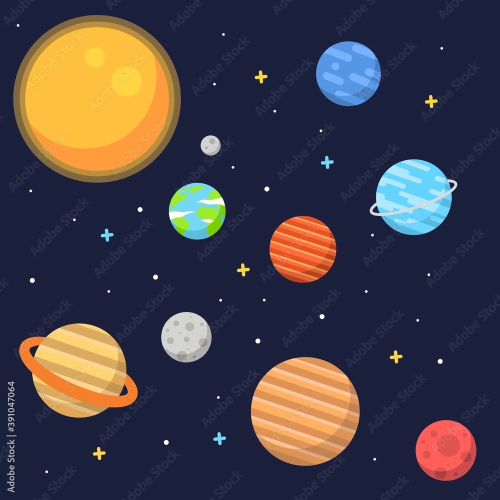 Naklejka premium Solar system vector kids cartoon planet seamless pattern. space pattern, planet pattern, solar system background. Flat design solar system.