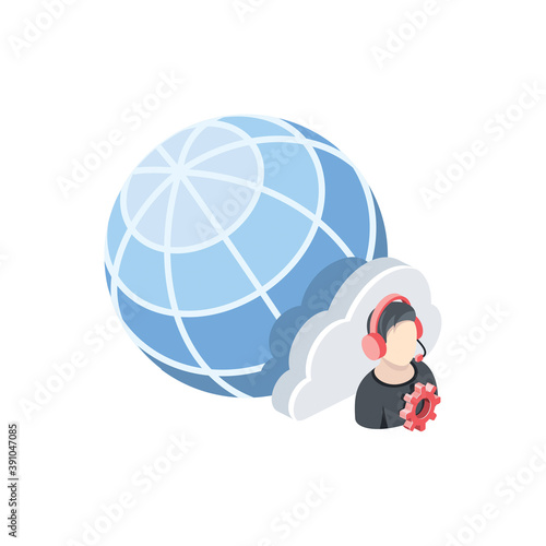 Globe cloud technology support man call operator. Vector 3d isometric, color web icons set, new flat style. Creative illustration, idea for infographics.