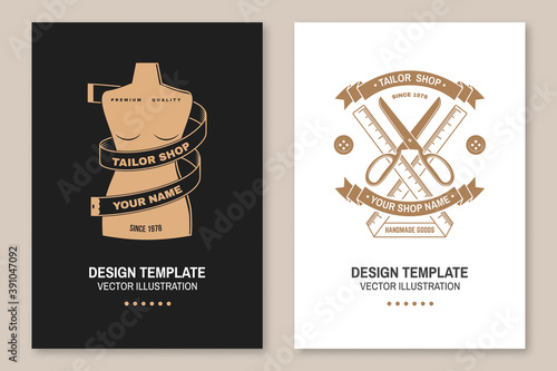 Set of tailor shop covers, invitations, posters, banners, flyers, placards. Vector illustration Template design for branding, advertising for sewing shop business