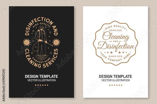 Set of disinfection, cleaning services covers, invitations, posters, banners, flyers Vector. For professional disinfection, cleaning company. design with disinfectant worker and respirator, sprayer