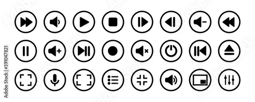 Collection of multimedia symbols and audio, music speaker volume icons. White color buttons. Vector illustration. EPS 10