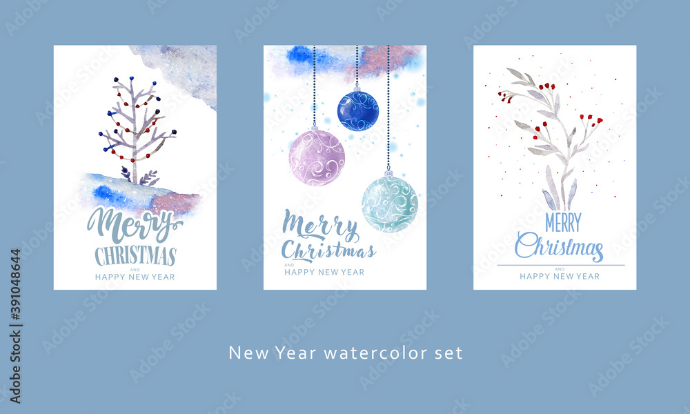 Watercolor illustration of New Year's greetings. New Year and Christmas cards and labels.