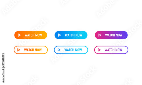 Watch now buttons icon set with colorful gradient. Watch now icon in flat style. Button for web site, label, banner, sticker, design template, icon and logo.