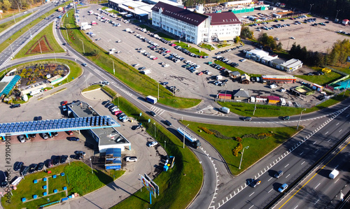 Top view of the highway highway in the city with cars © Payllik