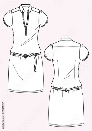 Abito donna maniche corte con cintura in vita disegno piatto sketch fashion illustration fronte e retro mock up vetttoriale