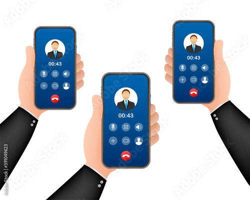 Incoming video call on laptop. Laptop with incoming call, man profile picture and accept decline buttons. Vector stock illustration.