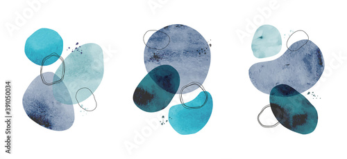 Modern minimalist art backgrounds with oval shapes an doodles. Hand painted brush vector texture. Watercolor contemporary collage illustration. Suitable for brochures, wall decor, postcards, covers.