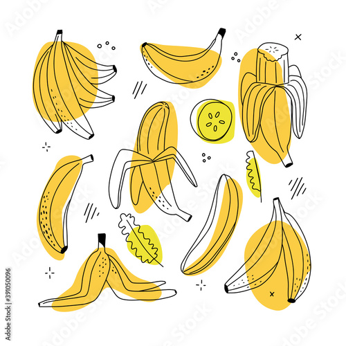 Set of banana linear icons on white background. Line doodle drawing style with abstract shapes.
