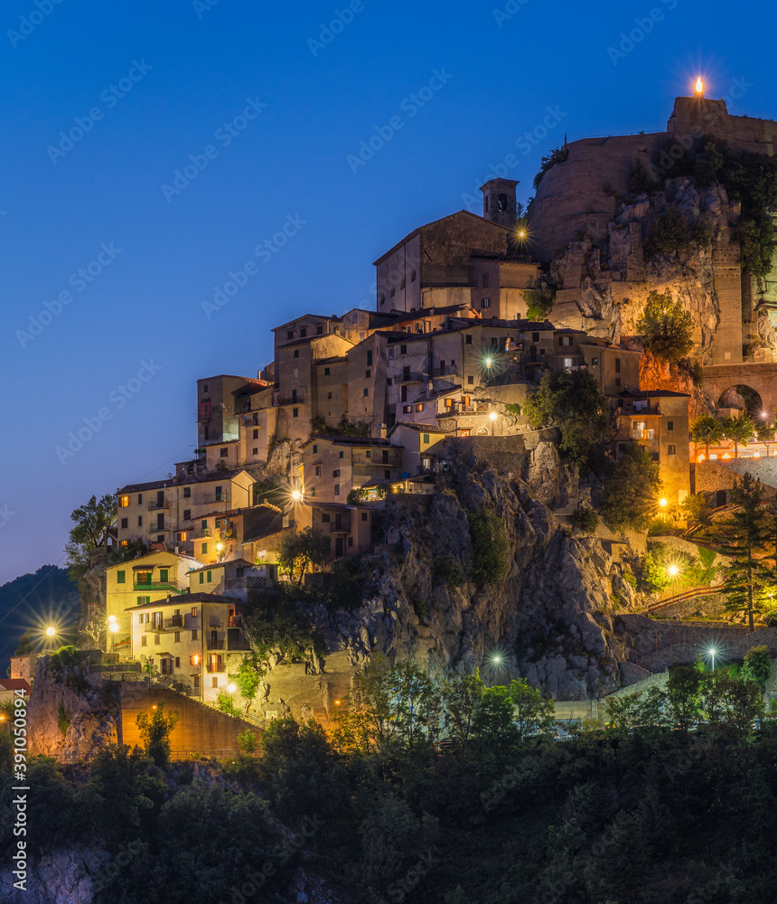 Cervara di Roma illuminated at night, beautiful village in Rome Province, Lazio, Italy.