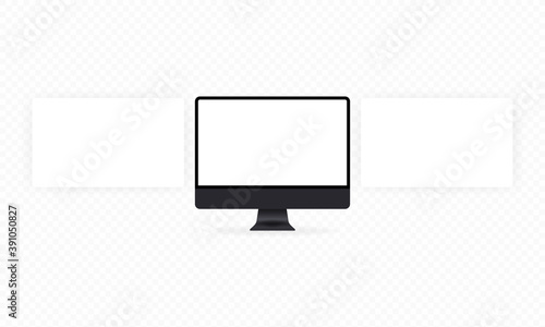 Space gray computer monitor mockup with blank web wireframing pages. The concept of web design. A layout to show a responsive app or web project. Vector illustration