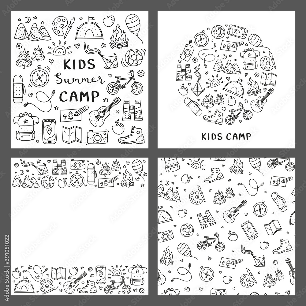 Set of cards with outline children camp, outdoor, tourism doodle icons and grey background.