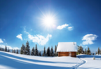 Fantastic winter landscape with wooden house in snowy mountains. Christmas holiday concept. Carpathians mountain, Ukraine, Europe