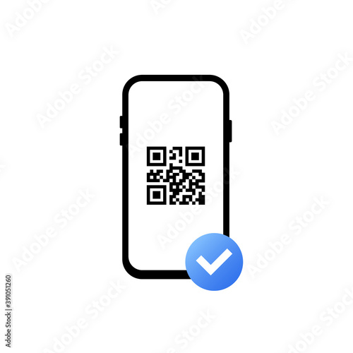 Succesful payment with barcode. QR code scanning. Mobile scans QR code. Read bar code, coding. Icon recognition or reading qr code. Flat style trend modern vector illustration