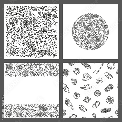 Set of cards with outline doodle asian sushi and rolls isolated on grey background. Set, composition in circle, poster and seamless pattern.