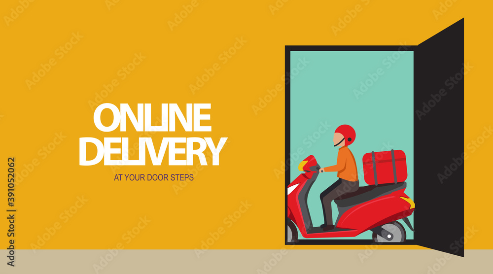 online delivery at your door steps vector illustration, online delivery, fast delivery, delivery man with red scooter
