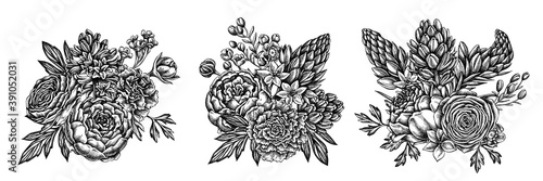 Flower bouquet of black and white peony, carnation, ranunculus, wax flower, ornithogalum, hyacinth