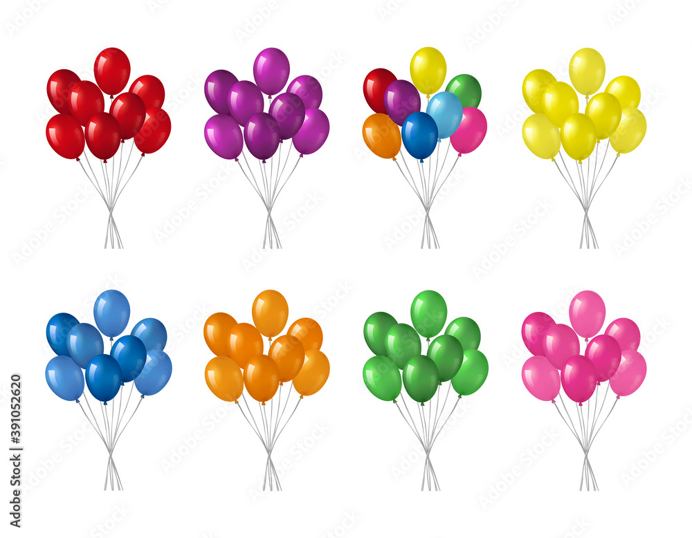 Bunches of colorful helium balloons isolated on white background.