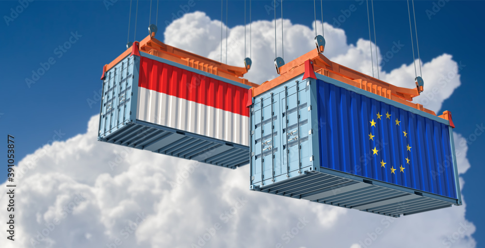Freight containers with European Union and Indonesia flag. 3D Rendering Freight containers with European Union and Indonesia flag. 3D Rendering