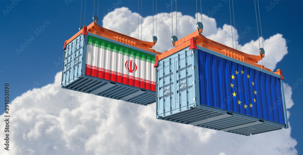 Freight containers with European Union and Iran flag. 3D Rendering 