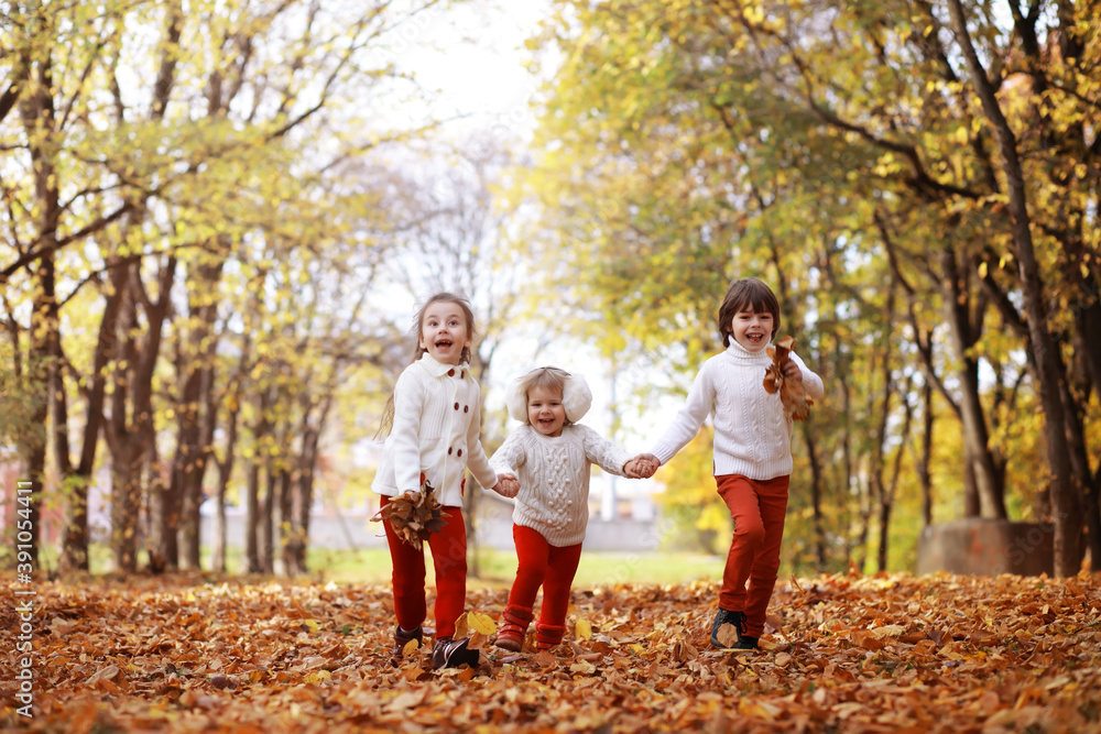 Fototapeta premium Young family on a walk in the autumn park on a sunny day. Happiness to be together.