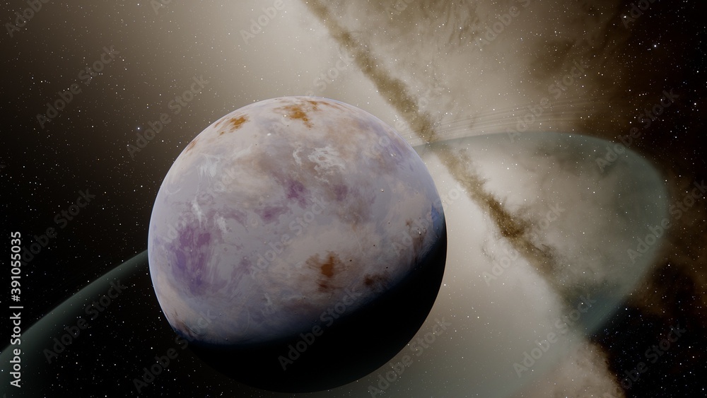 Naklejka premium beautiful exo in space and the surface against the background of stars and galaxies in bright colors, space fantasy, space background 3d render