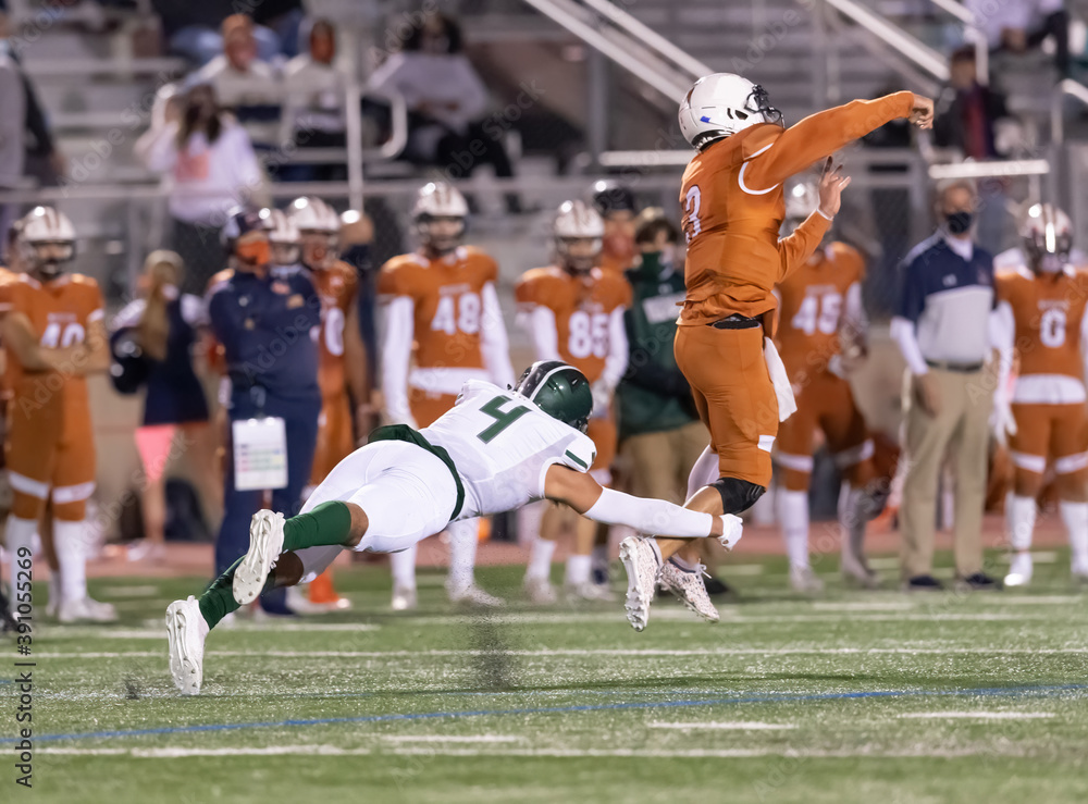 Fototapeta premium Football player making a tackle during a game