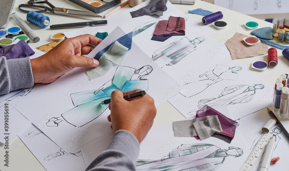 Fashion designer stylish drawings sketches textile fabric material Costume. Designer creative workshop studio. Fashion designer stylish drawings sketches textile fabric material Costume. Designer creative workshop studio.