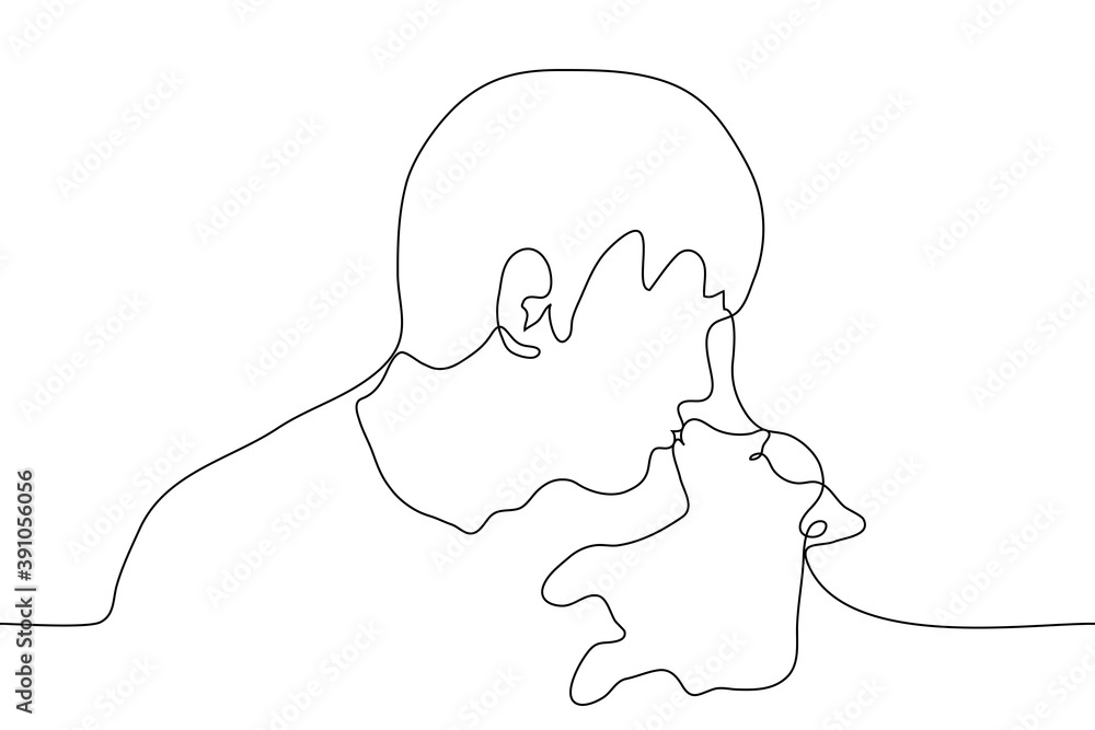 man kisses a cute puppy. one line drawing a dog lover petting a small dog