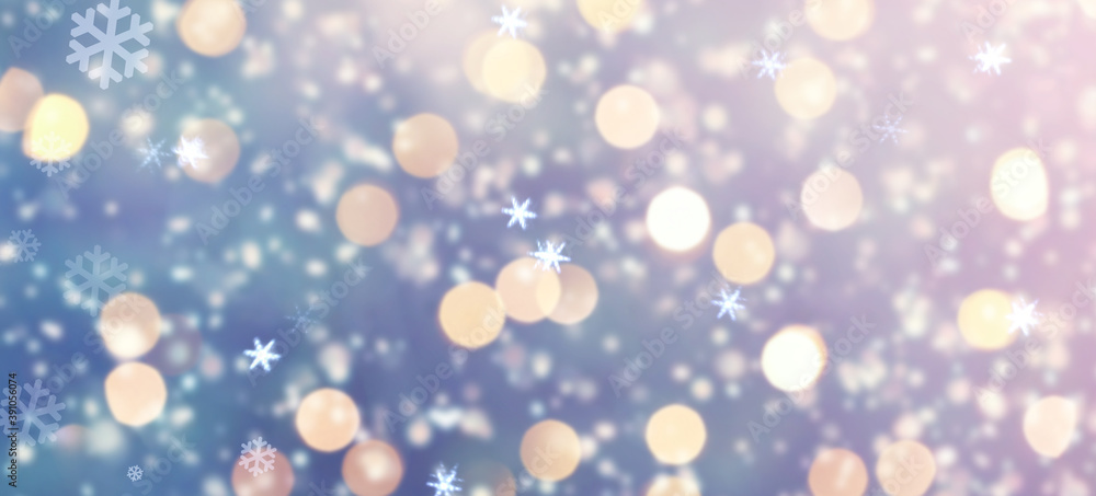 Abstract background with snowflakes and blurred lights, banner design