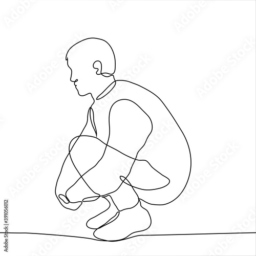 man is squatting. one line drawing of a young guy sitting bent over hugging his knees leaning on his feet