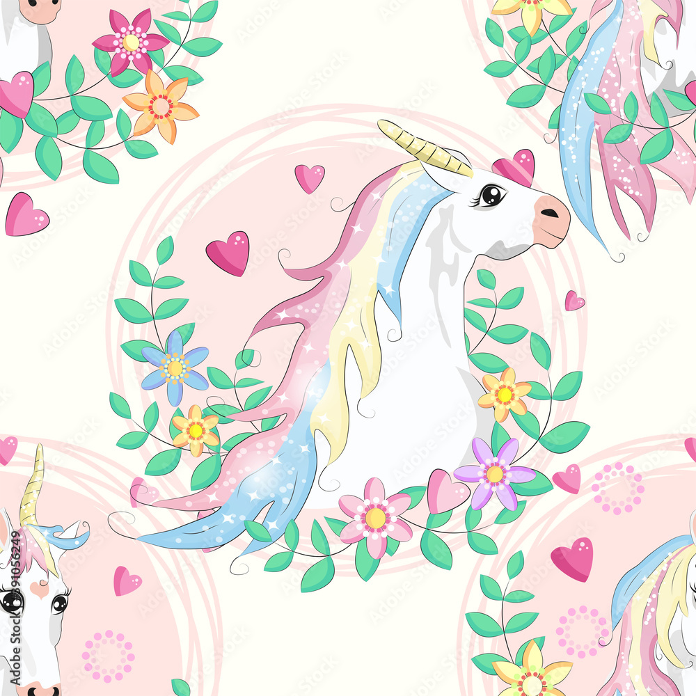 Seamless pattern with unicorns, donuts rainbow, confetti and other elements Seamless pattern with unicorns, donuts rainbow, confetti and other elements