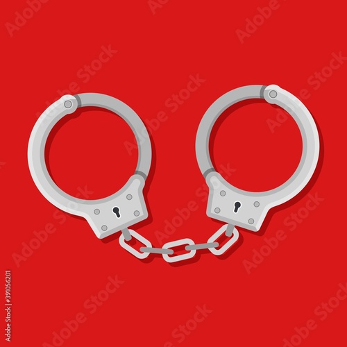 Metal handcuffs for detaining criminals on red background. Outfit of a policeman. Element of police and prison icon of arrest of offender. Restriction of freedom. Shackles for the hand. Vector