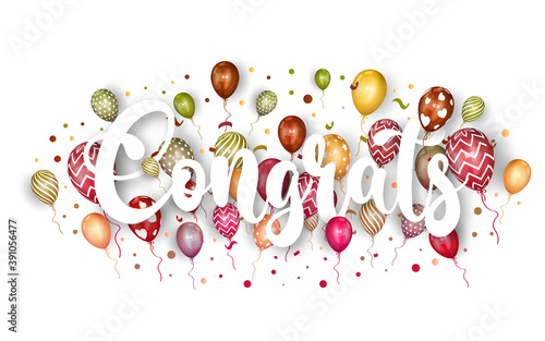 congratulations greeting card lettering template with balloon and confetti. Design for invitation card, banner, web, header and flyer. vector illustrator.