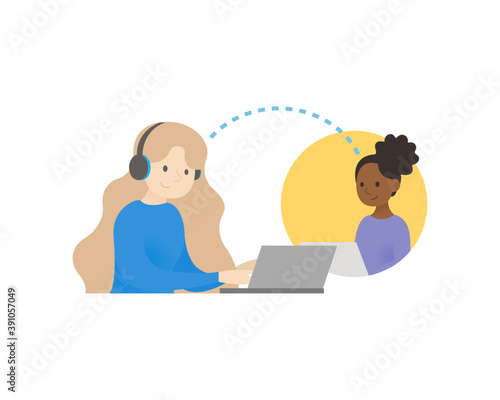 Girl with headphones and a laptop communicates virtually with another girl. Vector EPS10