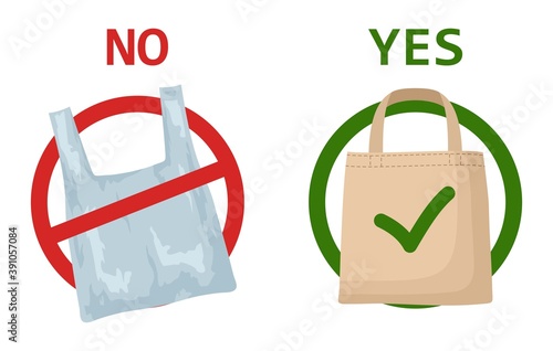 Pollution problem concept. Plastic bag and eco bag isolated on white background. Say no to plastic bags, bring your own textile bag. Signage calling for stop using disposable polythene package.