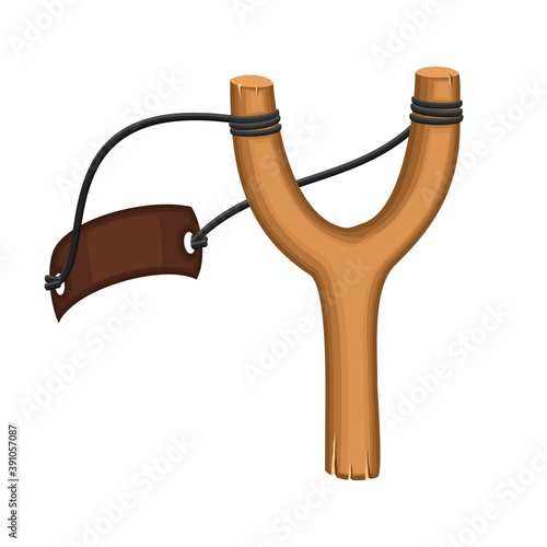 Wooden slingshot isolated on a white background. Homemade slingshot wooden  handle with rubber bands. Wooden catapult. Children toy for throwing  stones. Vector illustration Stock Vector