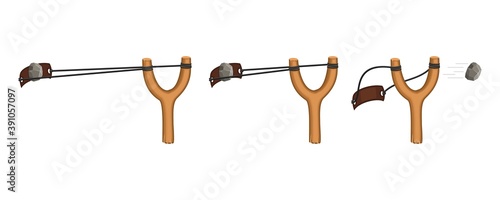 Wooden slingshot isolated on a white background. Homemade slingshot animation, wooden handle with rubber bands. Wooden catapult. Children toy for throwing stones. Vector illustration