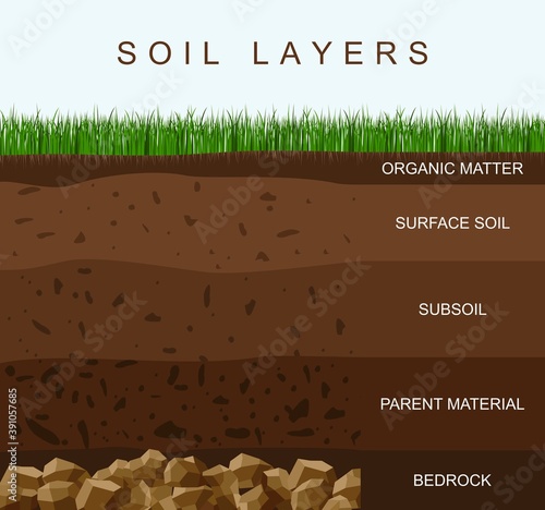Soil layers diagram earth texture, stones. Ground with green grass on top. Mineral particles, sand, humus and stones, natural fertilizer. Geology infographics. Education for kids. Vector illustration