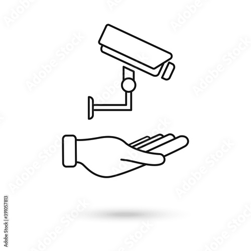 Hand holding CCTV  security digital camera  protection thin line icon. Vector Illustration