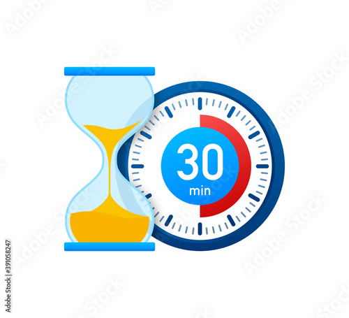 The 30 minutes, stopwatch vector icon. Stopwatch icon in flat style, timer on on color background. Vector illustration.