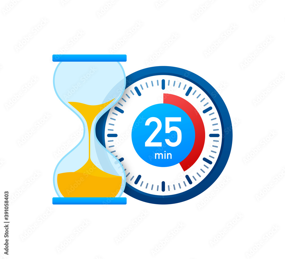 The 25 minutes, stopwatch vector icon. Stopwatch icon in flat style, timer on on color background. Vector illustration. The 25 minutes, stopwatch vector icon. Stopwatch icon in flat style, timer on on color background. Vector illustration.
