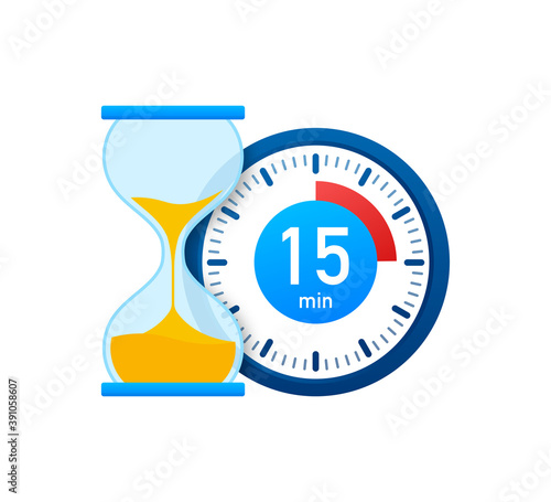 The 15 minutes, stopwatch vector icon. Stopwatch icon in flat style, timer on on color background. Vector illustration.
