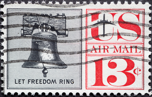 USA - Circa 1961 : a postage stamp printed in the US showing the Liberty Bell. Airmail text: Let Freedom Ring