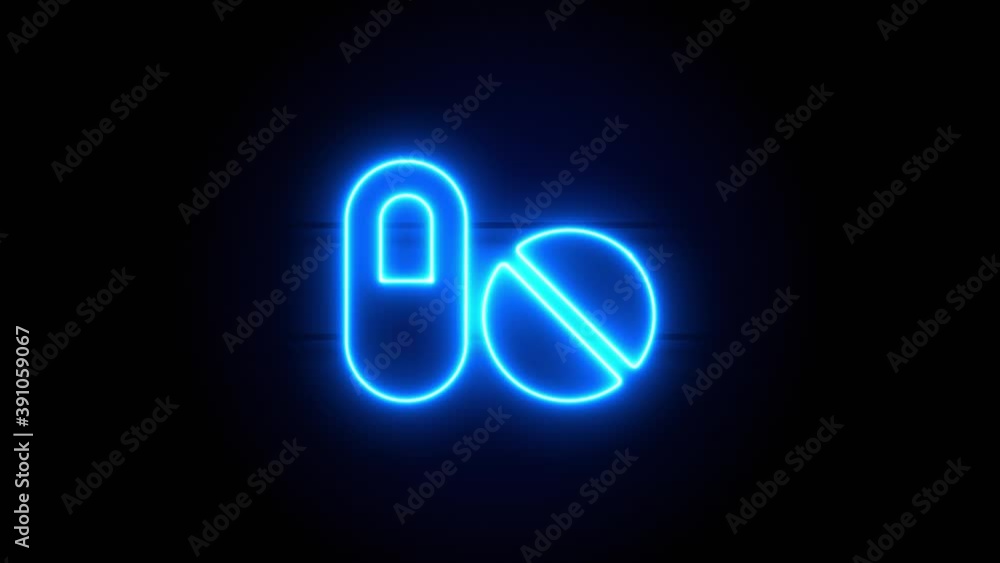 Pills neon sign appear in center and disappear after some time. Animated blue neon icon on black background. Looped animation. Pills neon sign appear in center and disappear after some time. Animated blue neon icon on black background. Looped animation.