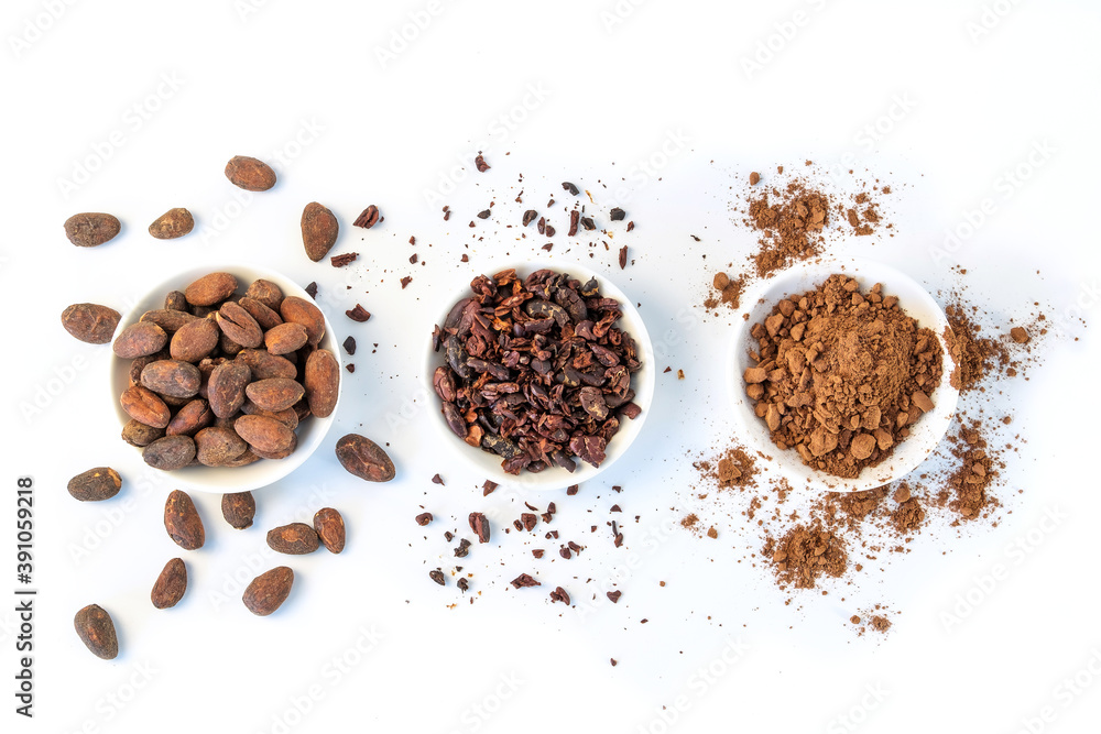 Cacao beans seeds, Cacao nibs and cacao powder isolated on white background. Cacao beans seeds, Cacao nibs and cacao powder isolated on white background.